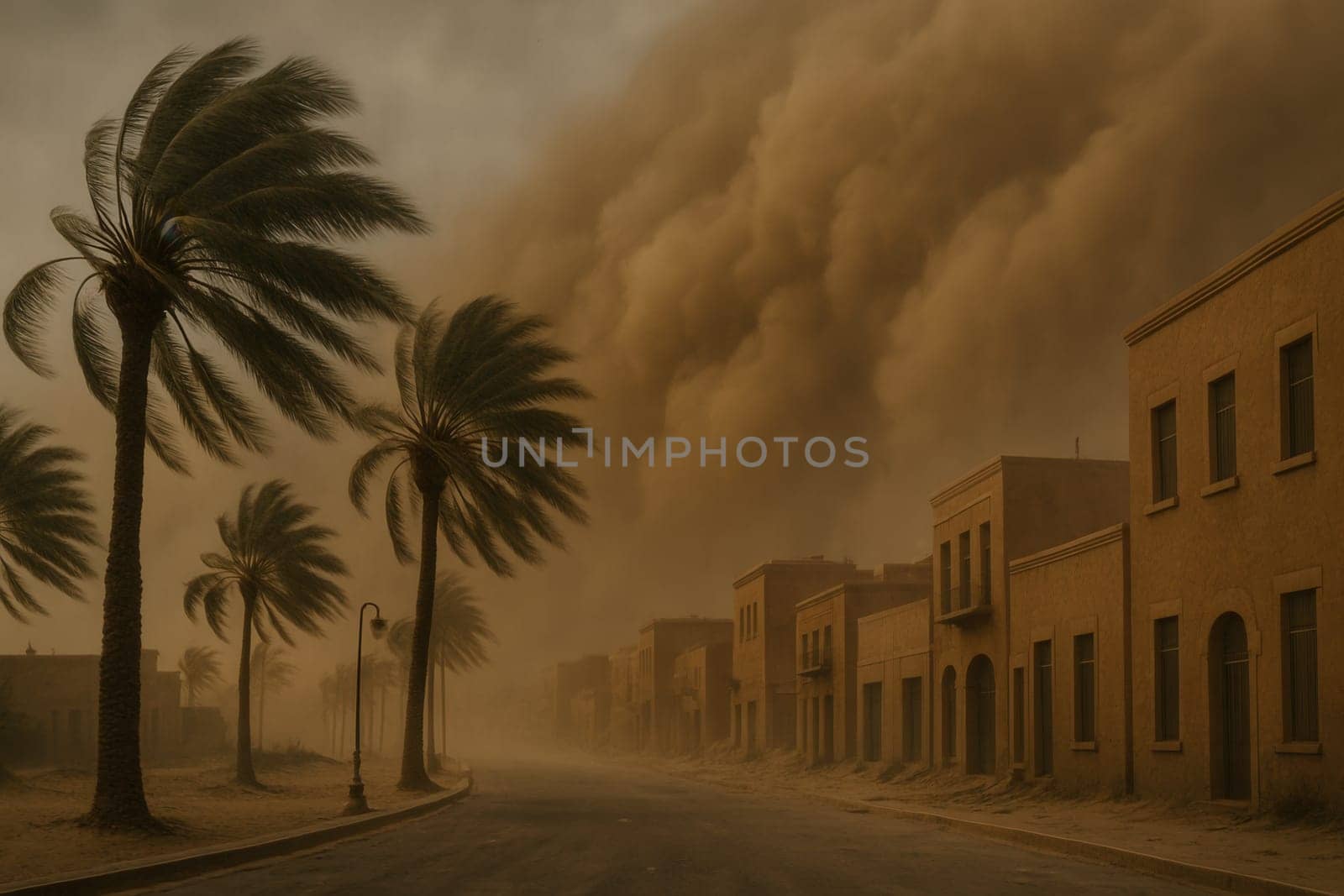 Palm trees bend in fierce winds as a sandstorm engulfs a quiet desert town, creating a dramatic and cinematic atmosphere. Perfect for climate, disaster, or environmental storytelling