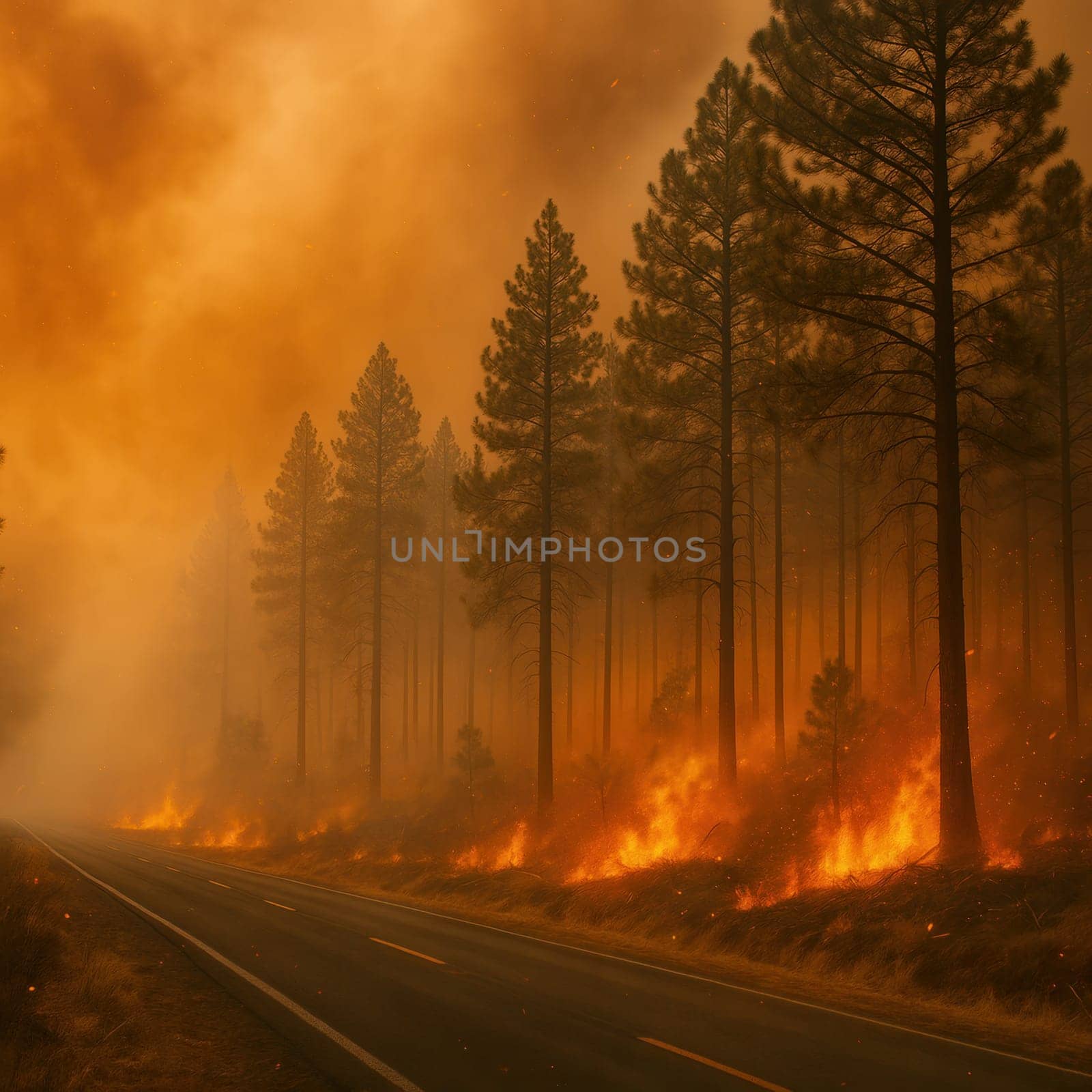 A blazing wildfire consumes dry underbrush in a pine forest alongside a highway, filling the sky with smoke and ash. Ideal for illustrating climate emergencies and wildfire risk themes