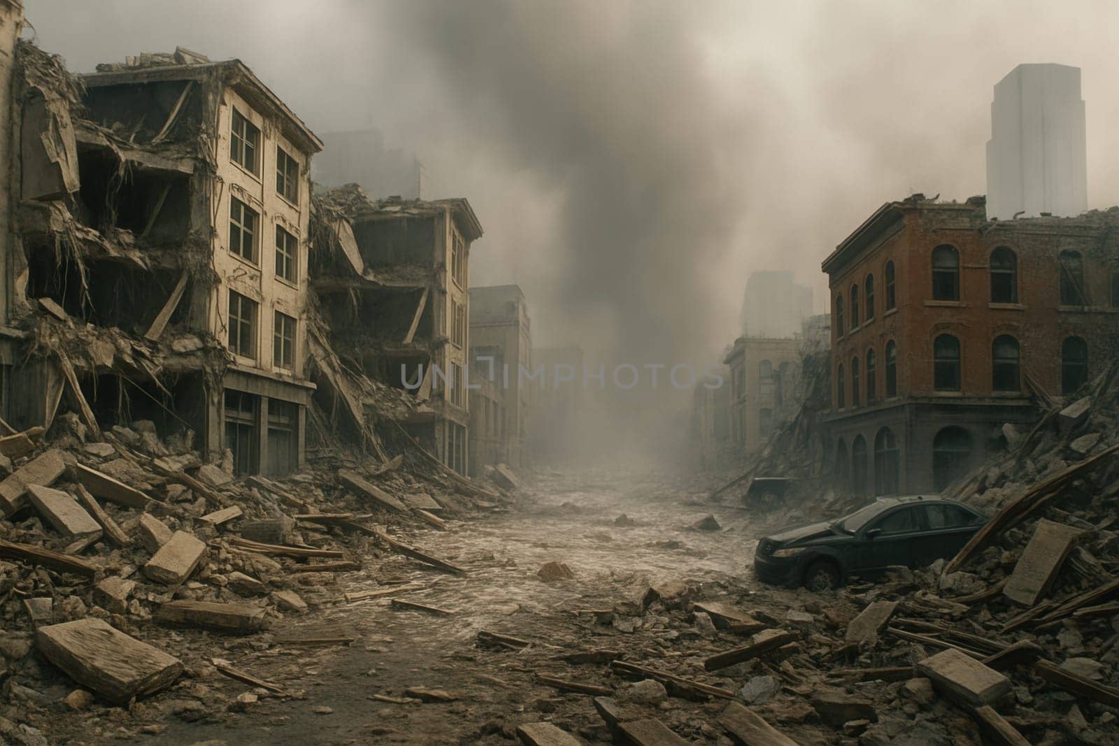 A city reduced to rubble after massive destruction, with collapsed buildings, debris, and smoke rising through the ruins. Powerful visual for war, disaster, and post-apocalyptic themes