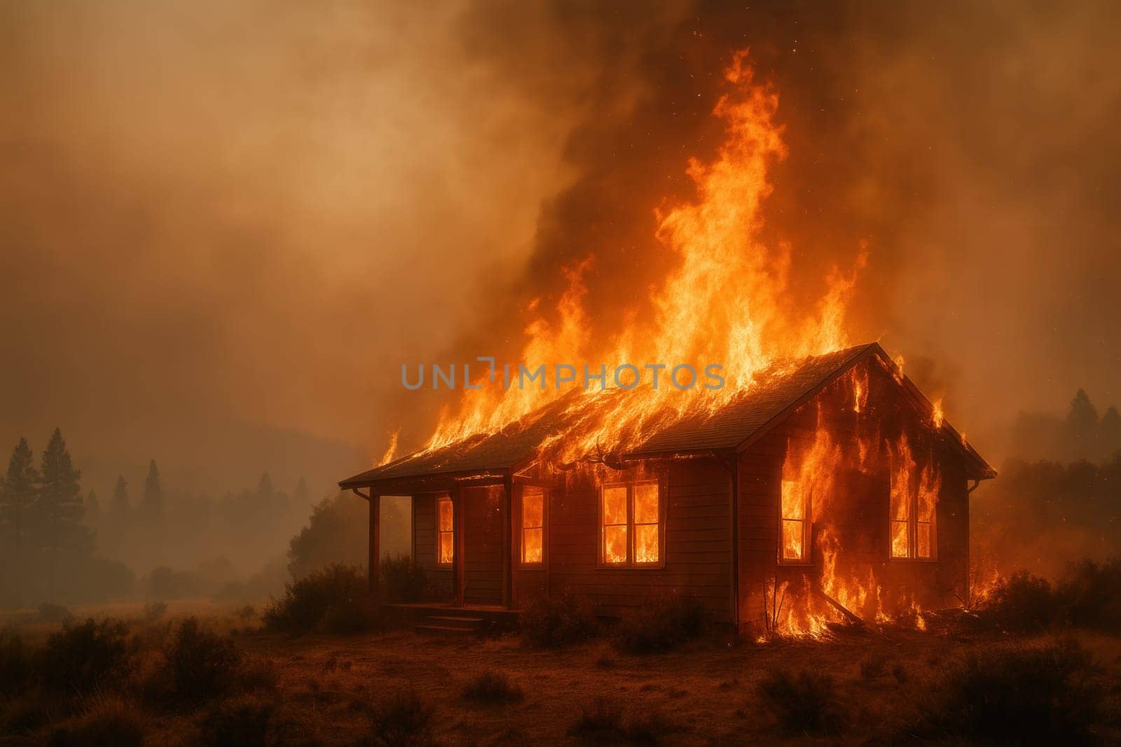 A house is completely engulfed in fire as a devastating forest wildfire spreads in the background. Perfect for illustrating environmental disasters, fire emergencies, and climate-related crises