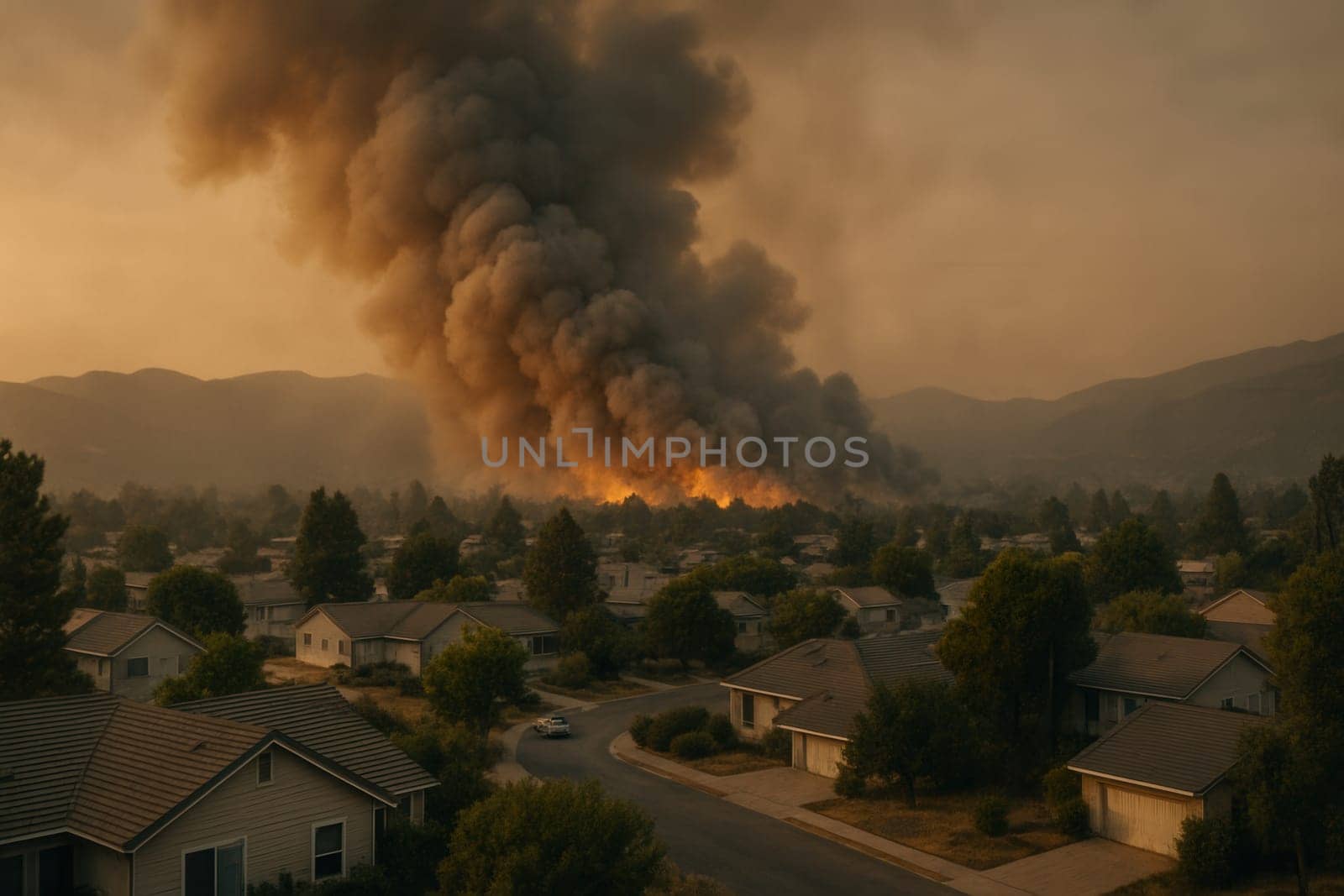 A dramatic aerial view of wildfire smoke approaching a residential community at dusk. Great for themes of climate risk, urban safety, environmental catastrophe, and news visuals