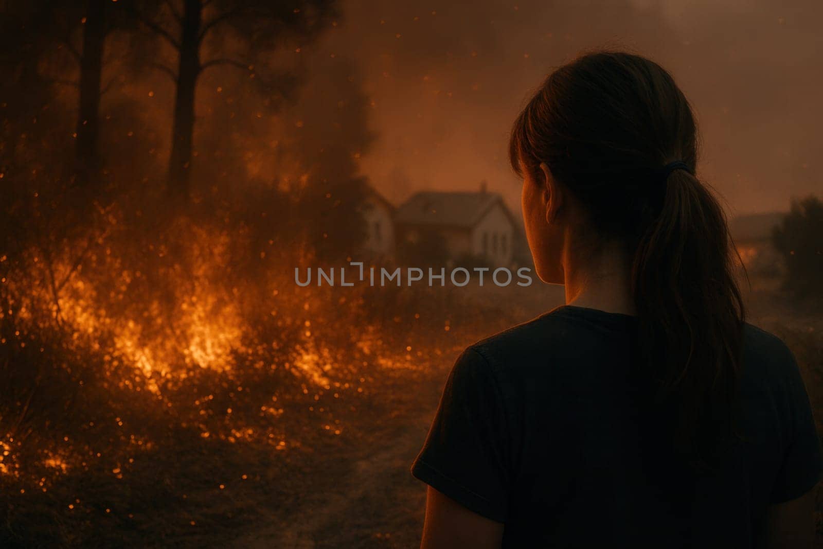 A young woman stands near a spreading wildfire, watching as flames move closer to countryside homes. Great for use in content on disaster response, climate awareness, and emotional storytelling