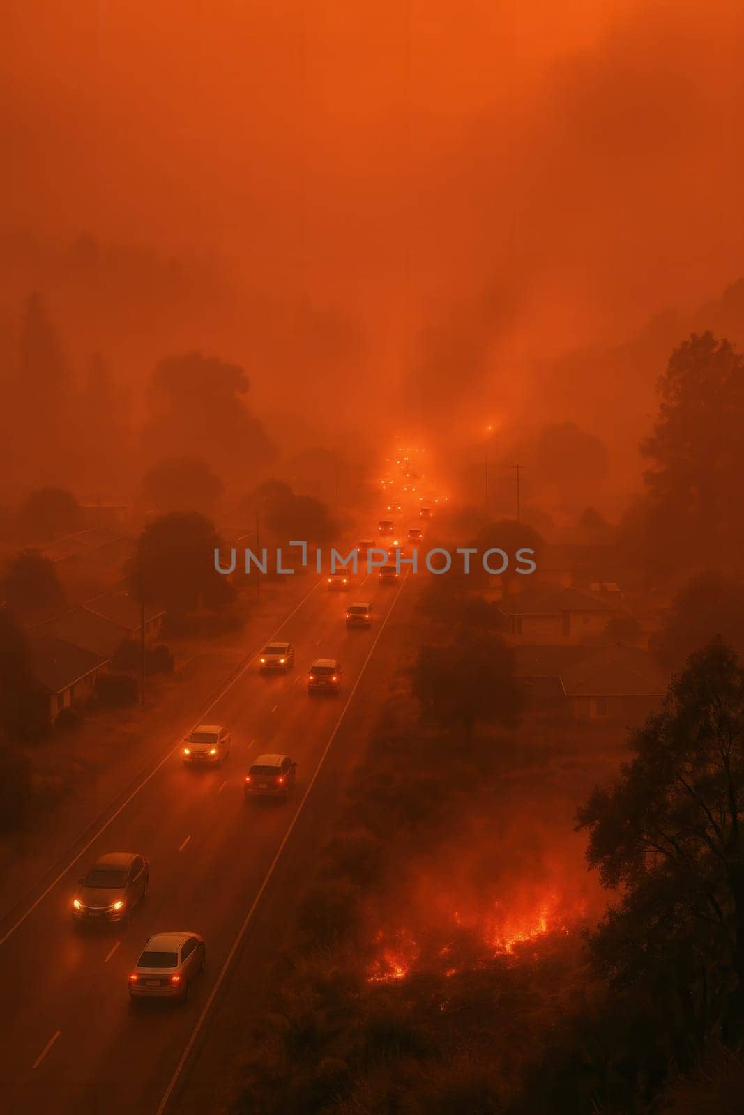 Cars move through thick orange wildfire smoke as flames burn near the road. Ideal for stories on evacuation, climate crisis, fire danger, disaster preparedness, and environmental emergencies