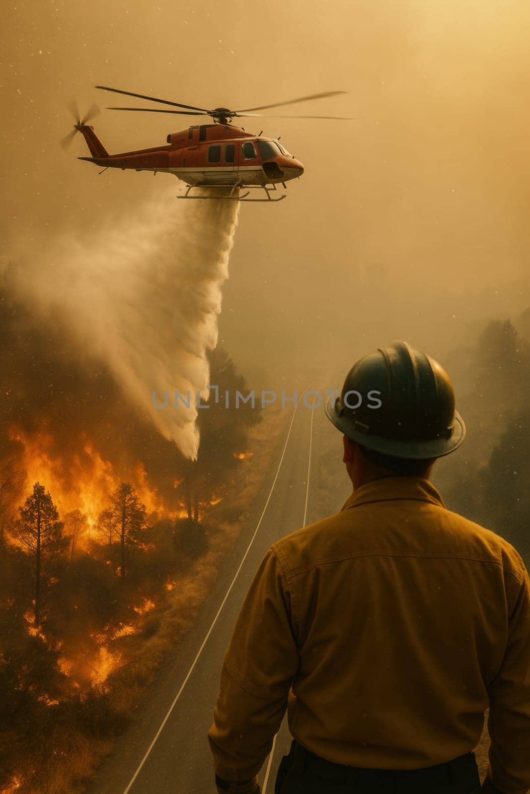 A helicopter releases water over a burning forest while a firefighter looks on from the roadside. A dramatic moment of aerial firefighting capturing disaster response and environmental urgency