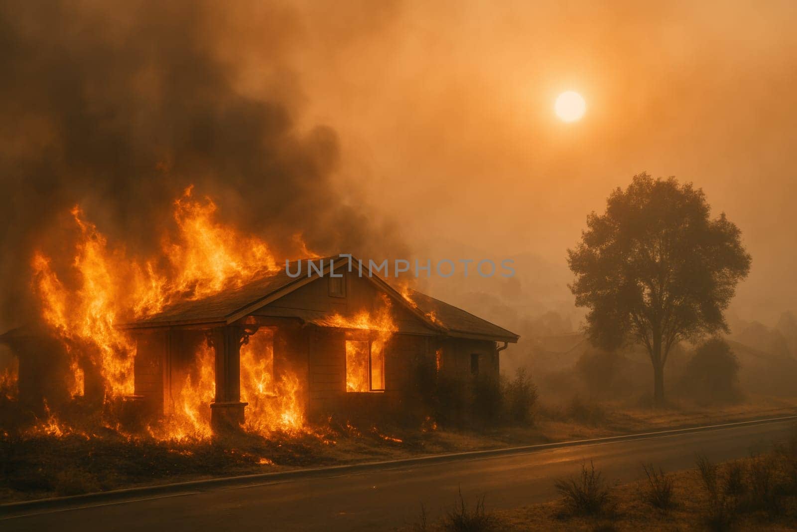 A house consumed by wildfire flames with thick smoke and orange sunlight in the background. Powerful image for illustrating climate emergencies, natural disasters, and fire hazards