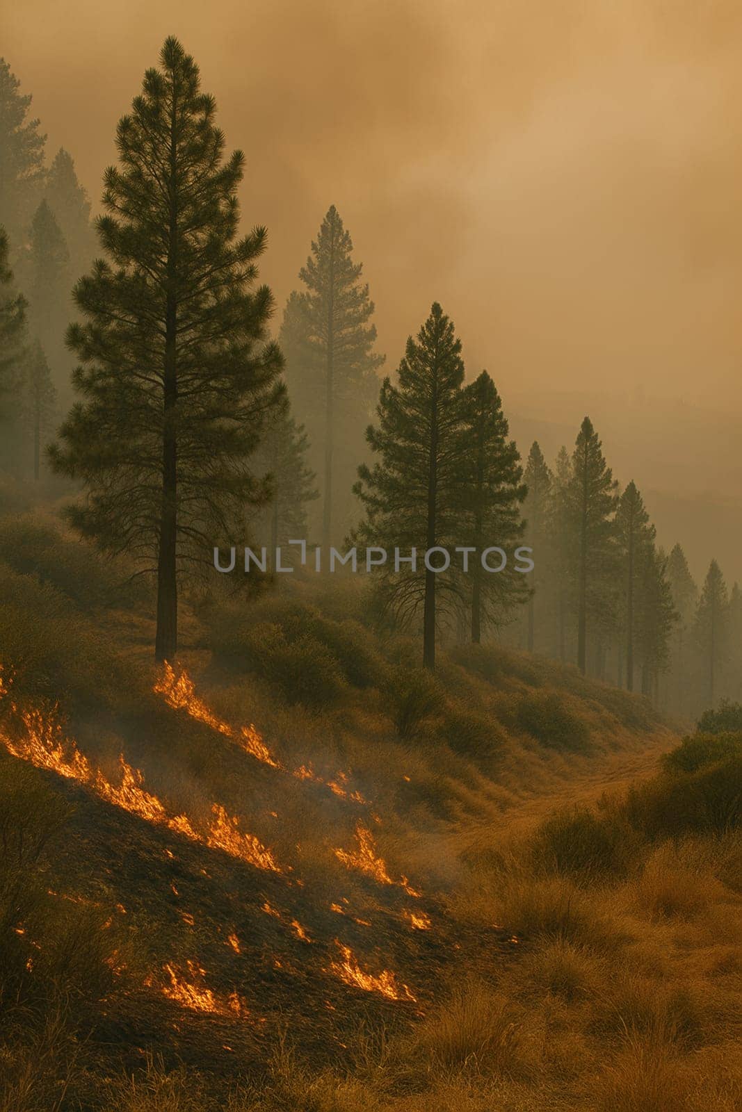 Wildfire slowly burning through a dry hillside with pine trees and smoke-filled atmosphere. Ideal for climate awareness, wildfire prevention campaigns, or editorial use on natural disasters