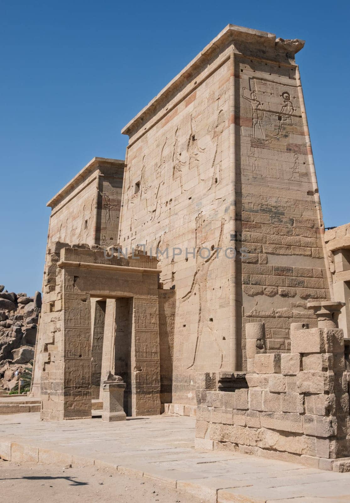 Entrance to the reconstructed Philae Temple on an island in Aswan Harbor or Reservoir formed by the Low Dam on the Nile