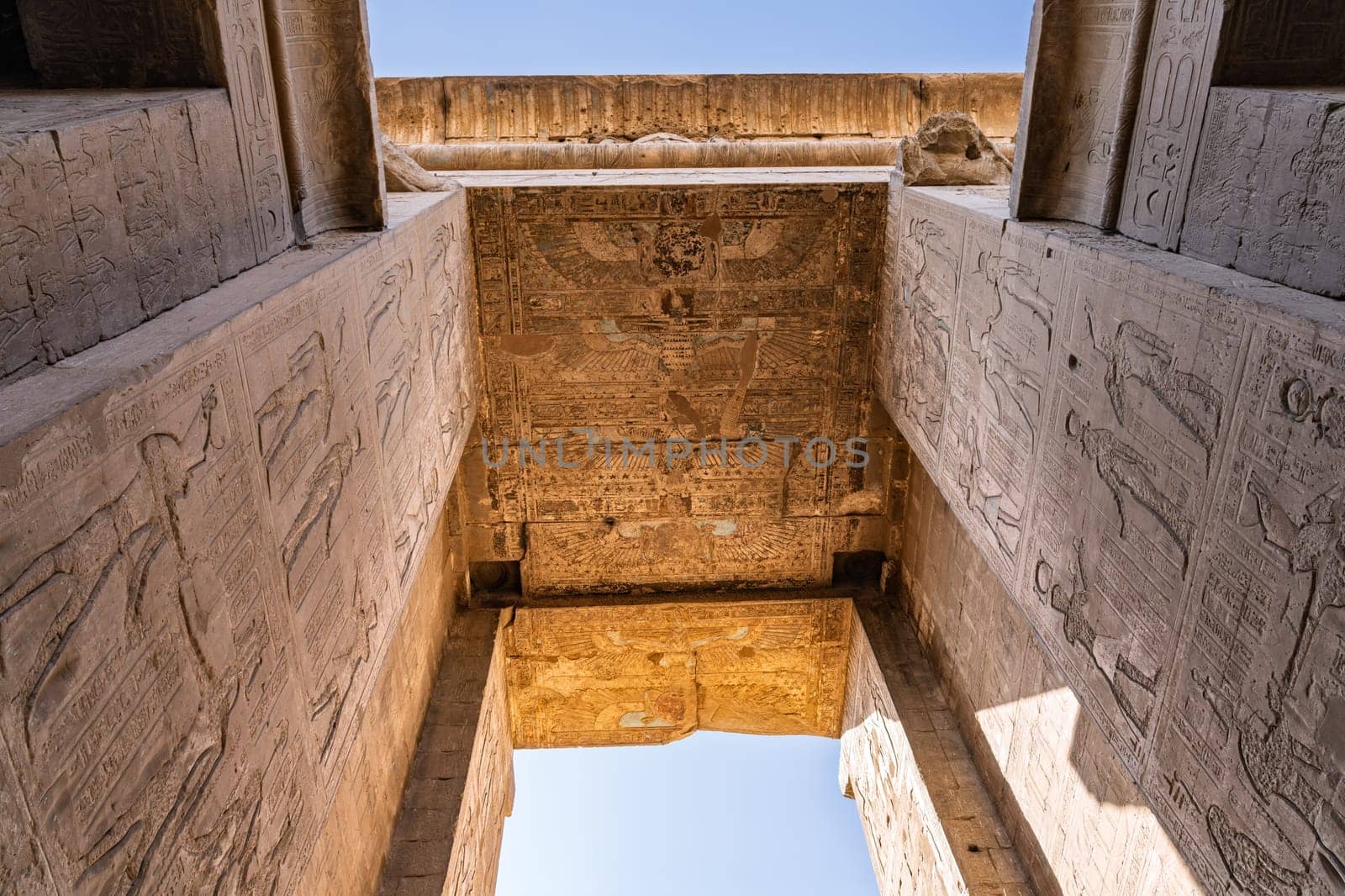 Detail of the carved images on the sides and roof of the massive temple in Edfu dedicated to Horus and Hathor
