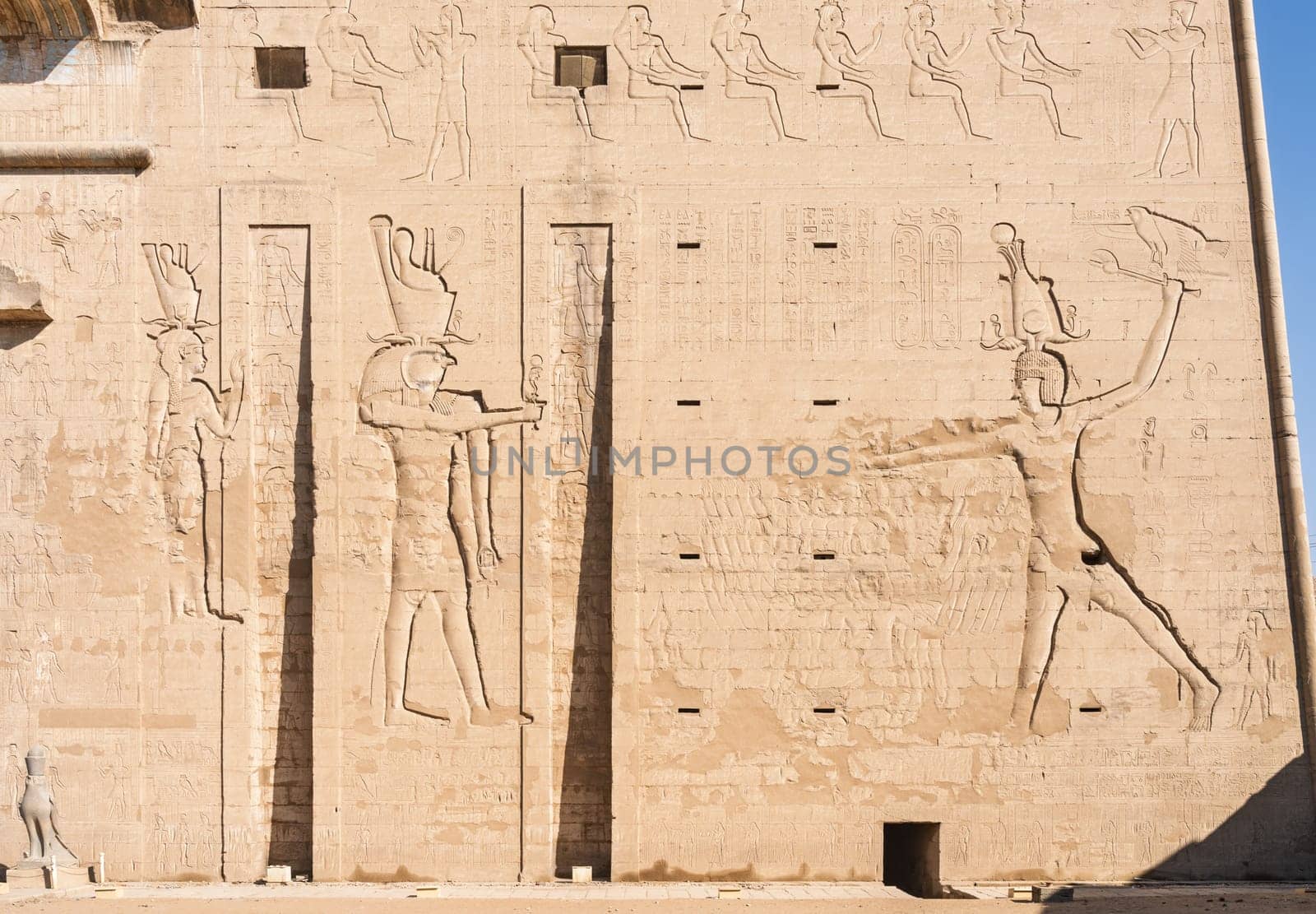 Detail of the carved images on the entrance of the massive temple in Edfu dedicated to Horus and Hathor