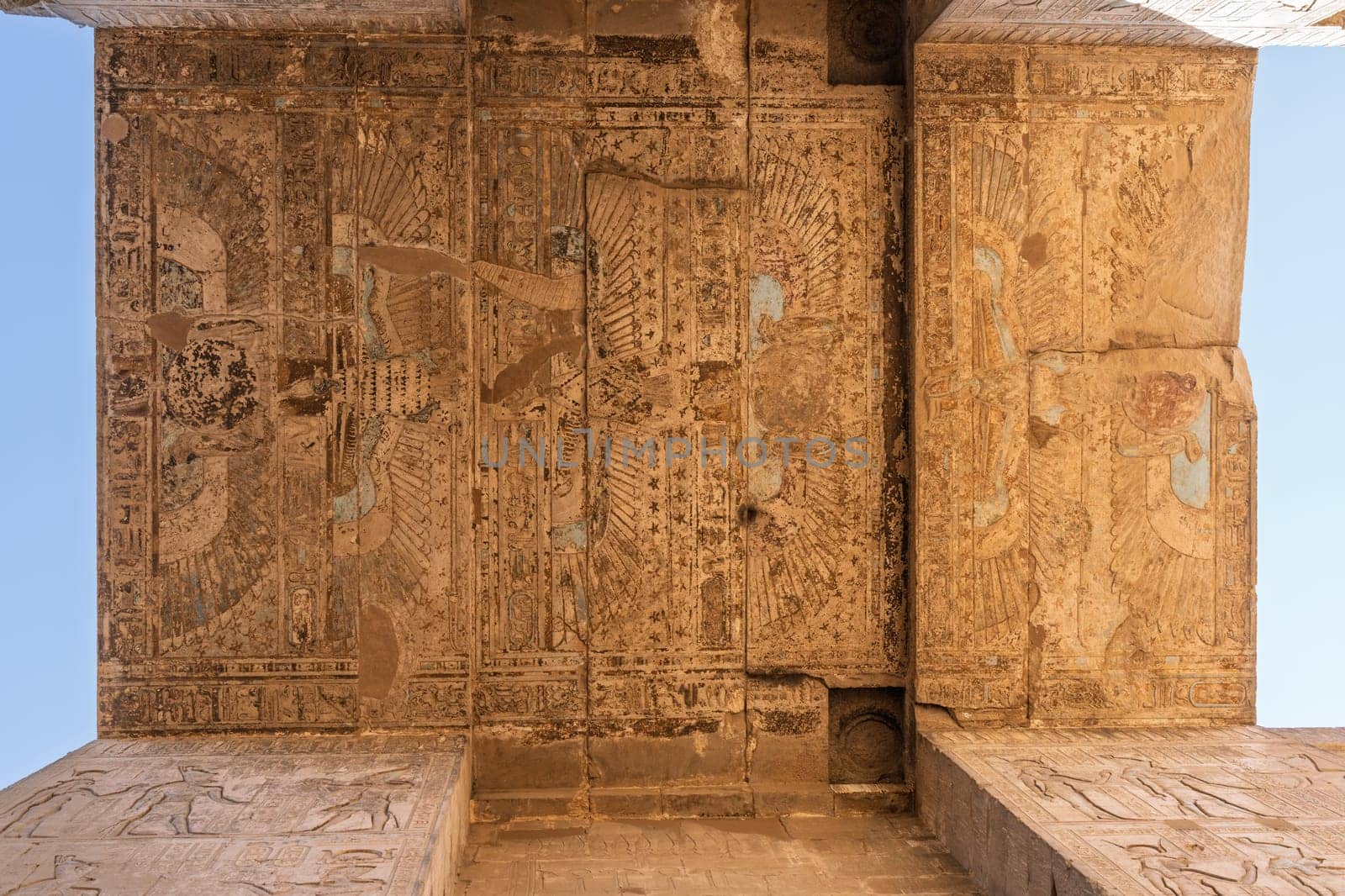 Detail of the carved images on the sides and roof of the massive temple in Edfu dedicated to Horus and Hathor