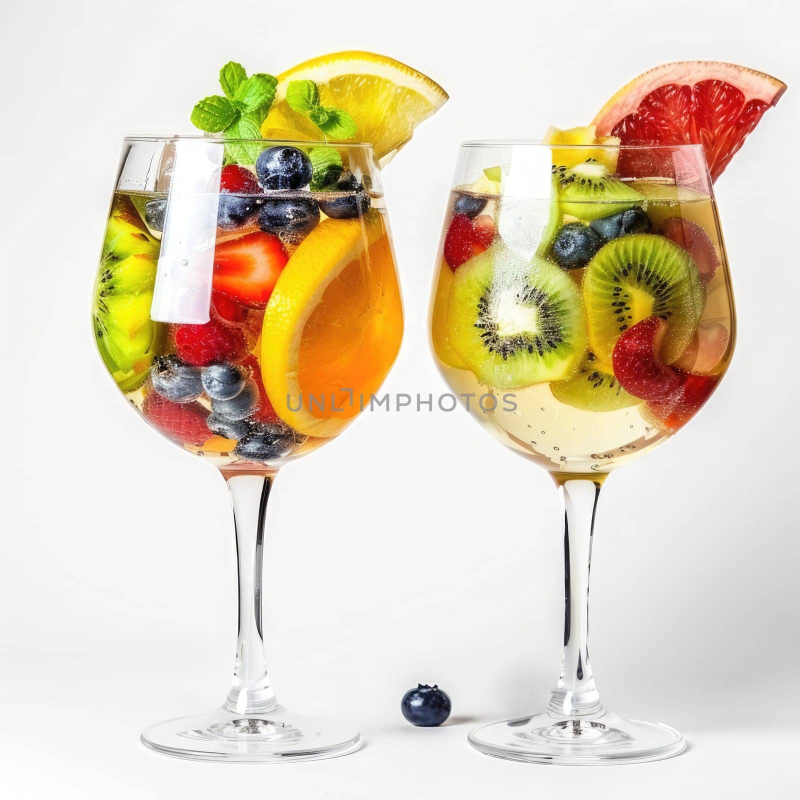 Two transparent glasses filled with colorful cocktails featuring fresh fruits like strawberries, kiwi, and lemon slices stand out against a bright background, perfect for a summer gathering.