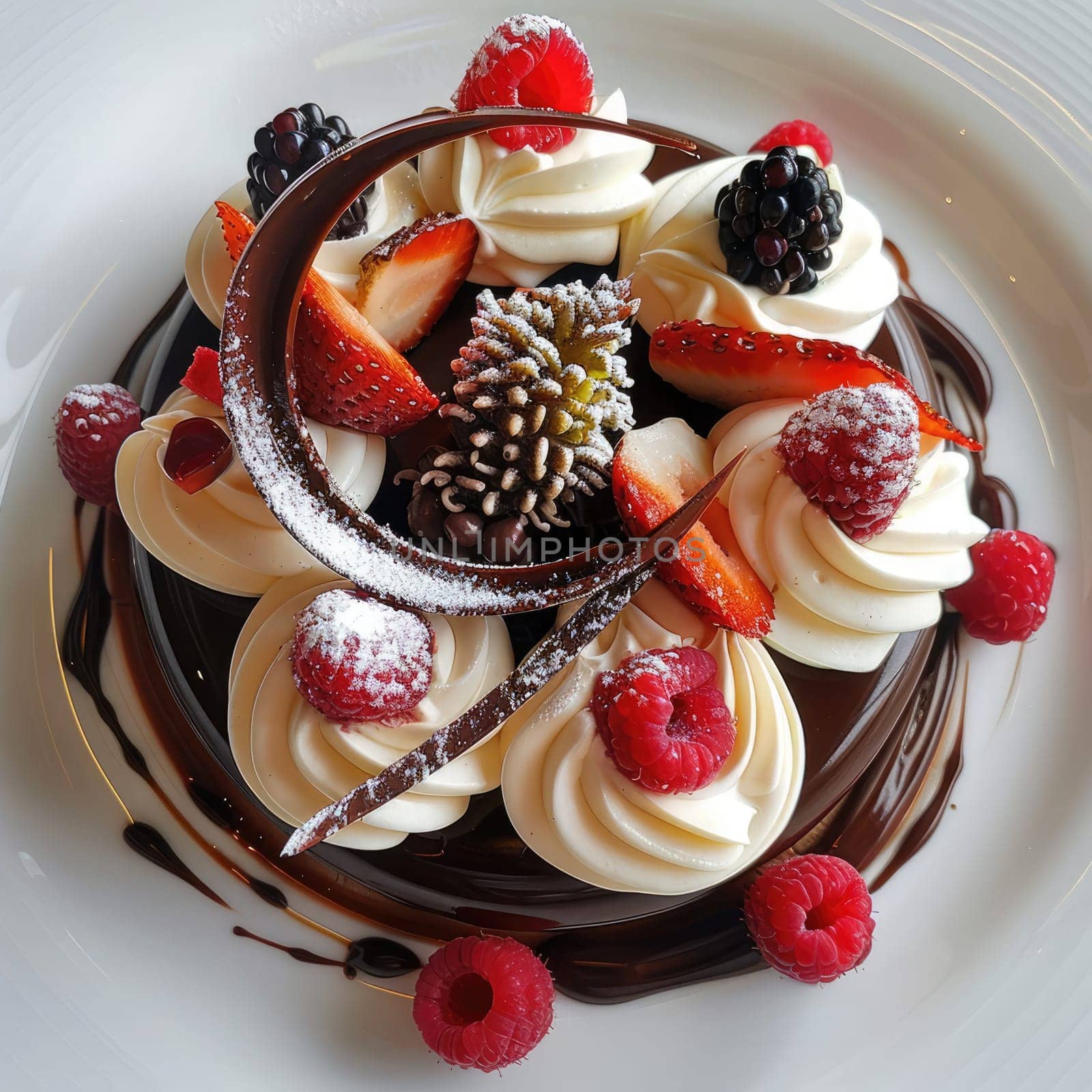 A beautifully crafted dessert showcases layers of chocolate, whipped cream, and an assortment of fresh berries. This exquisite creation highlights the skill of a pastry chef in a kitchen.