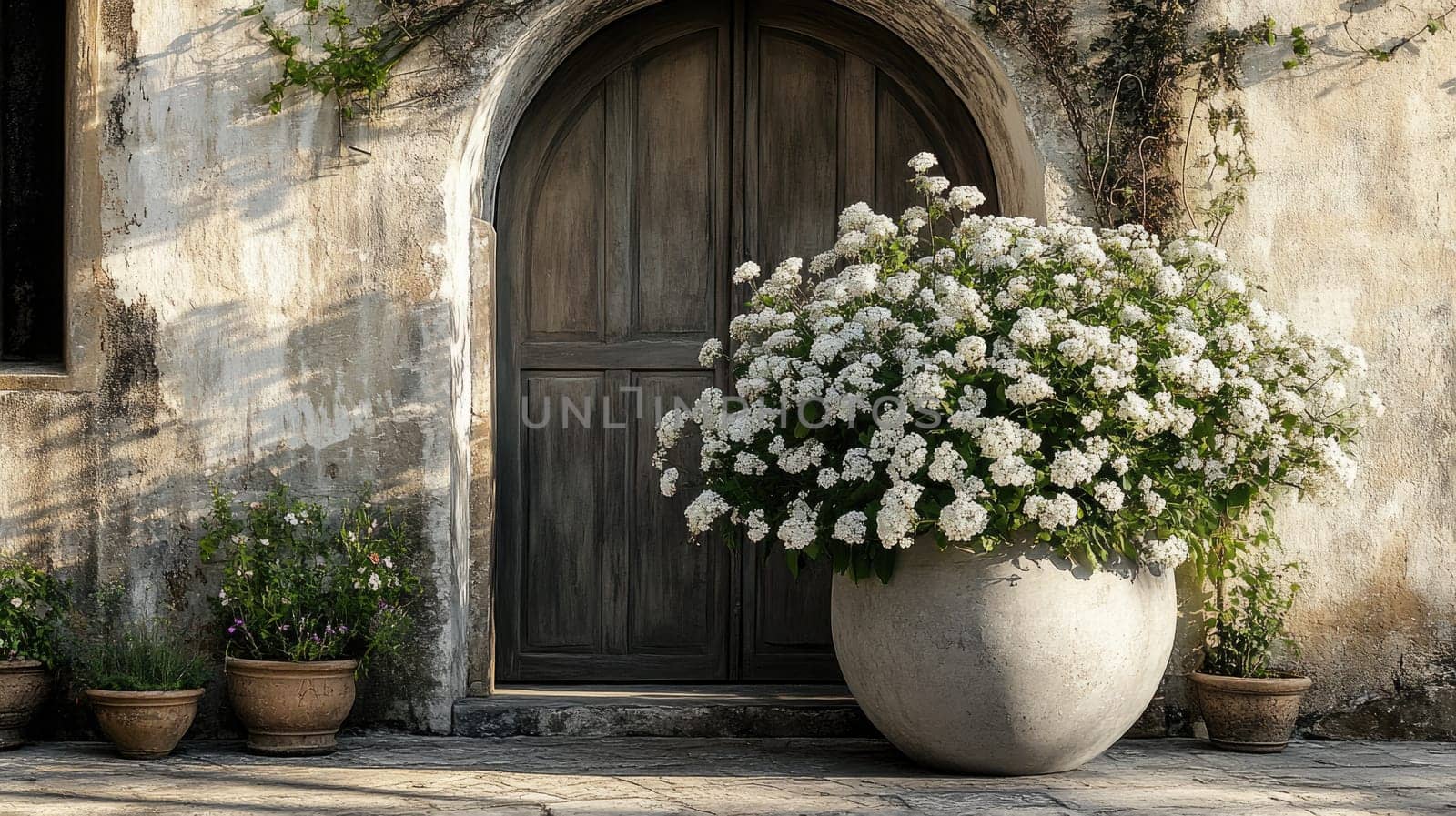 A large round planter filled with white flowers stands prominently next to a rustic wooden door. Smaller potted plants enhance the serene ambiance of the charming outdoor space.