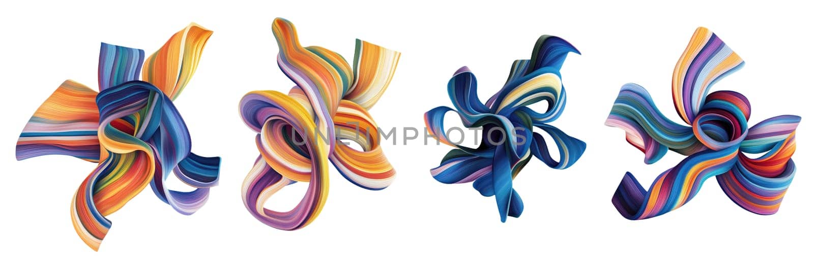Dynamic ribbons in vibrant colors twist and intertwine, creating an engaging abstract composition. The smooth curves and layered hues evoke a sense of movement and creativity in this artwork.