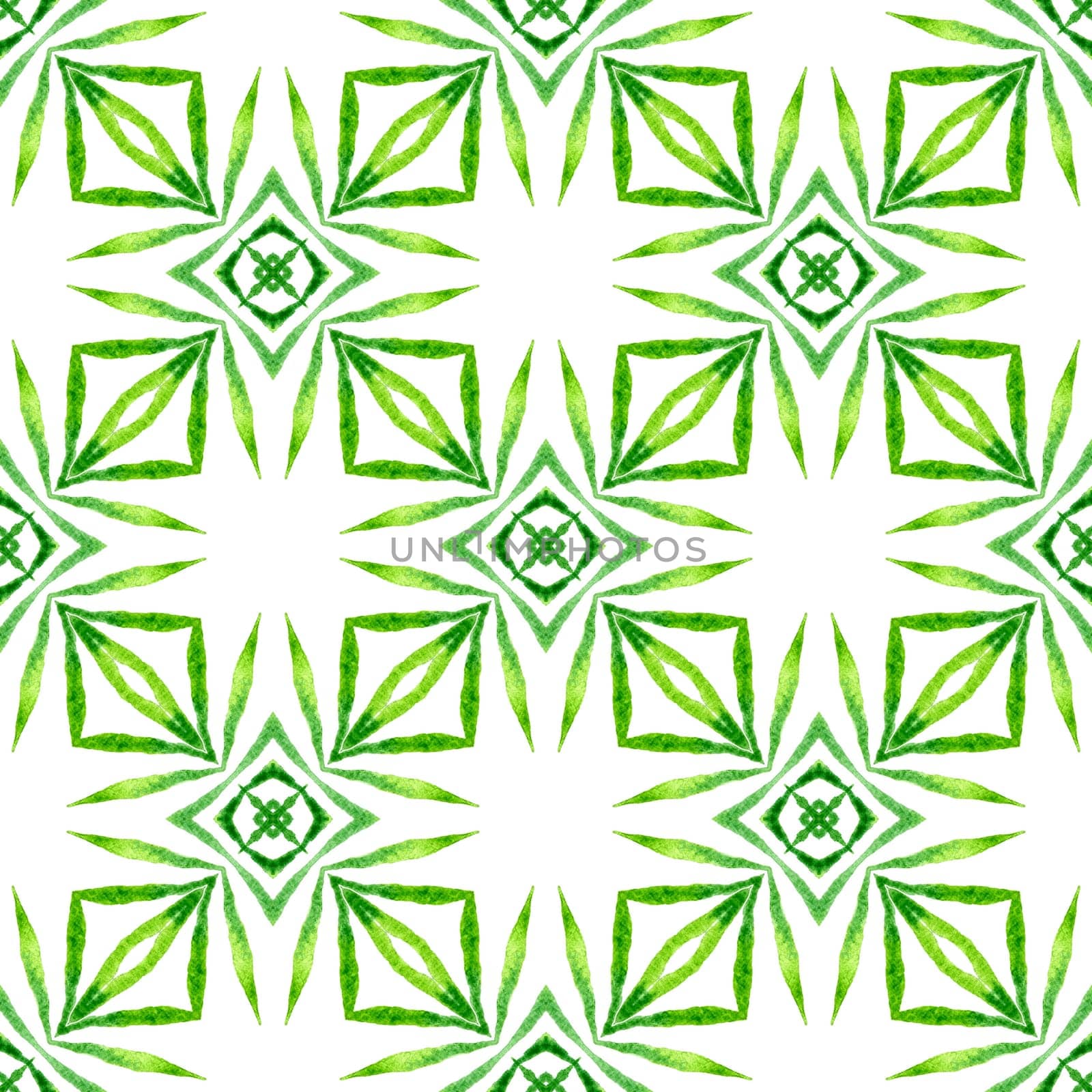 Watercolor ikat repeating tile border. Green likable boho chic summer design. Textile ready wonderful print, swimwear fabric, wallpaper, wrapping. Ikat repeating swimwear design.