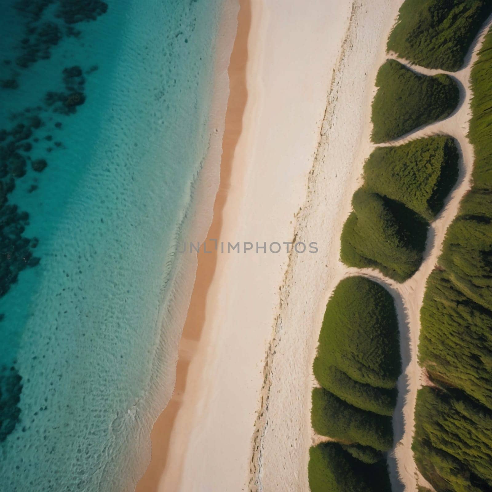 Aerial top-down view of a pristine beach with lush green vegetation bordering the white sand and turquoise water. A high-quality AI-generated photo.