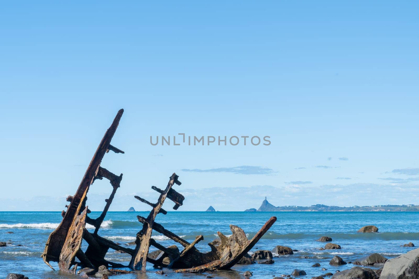 Shipwrecked remains of bow of Gairloch on south end Oakura beach New Plymouth.
