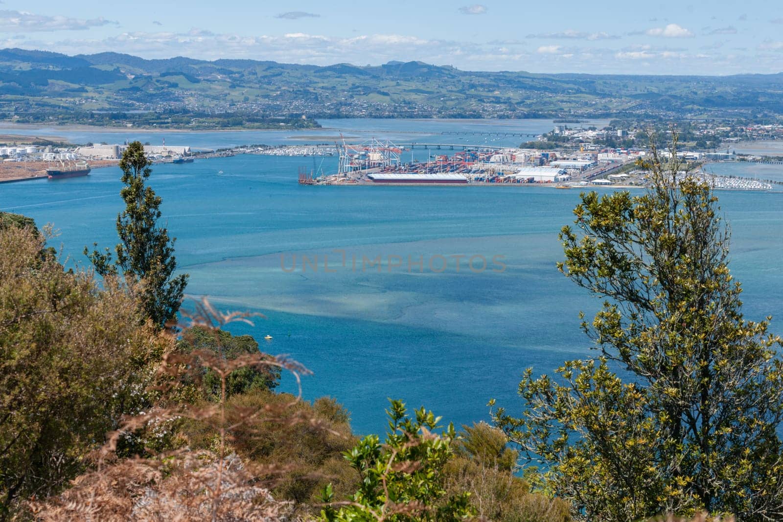 Wide coastal view from top of Mount Maunganui looking up Tauranga Harbour New Zealand.