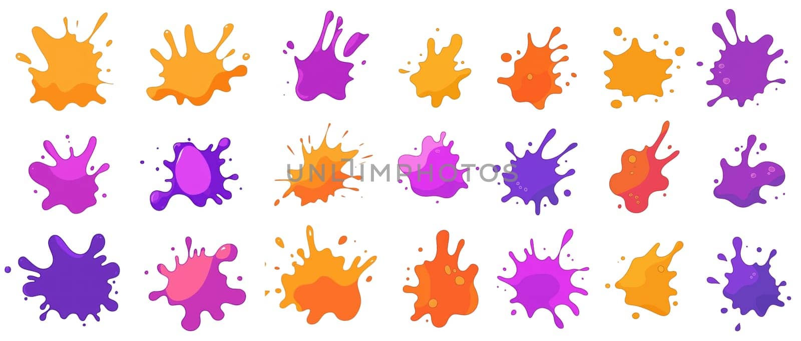Bright orange, purple, and pink paint splashes are arranged in a grid, showcasing various shapes and sizes.