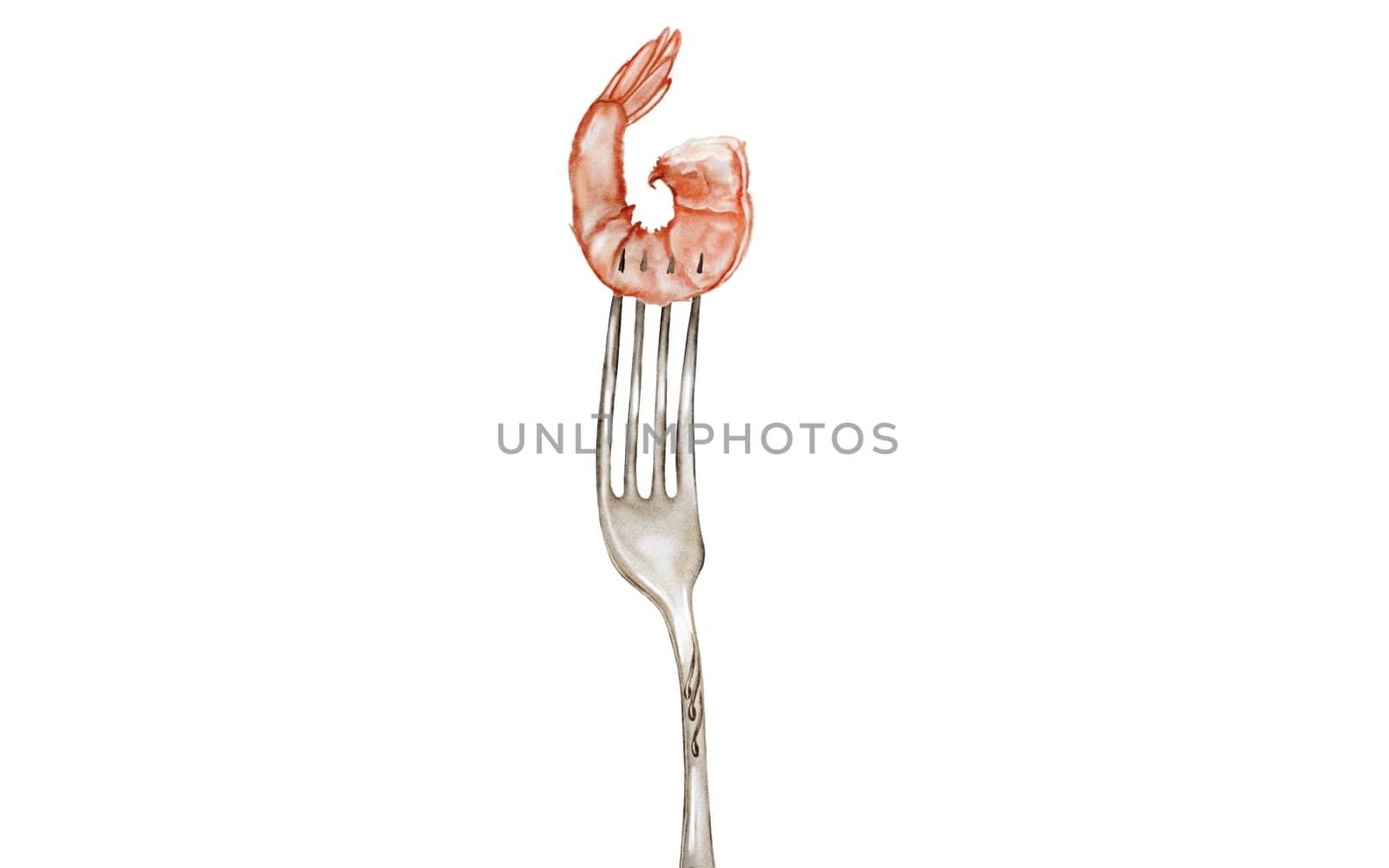 Shrimp on a fork watercolor. Hand drawn crustacean on isolated white background. Food clip art. Ideal for restaurant menus, product packaging and cookbook design. High quality illustration