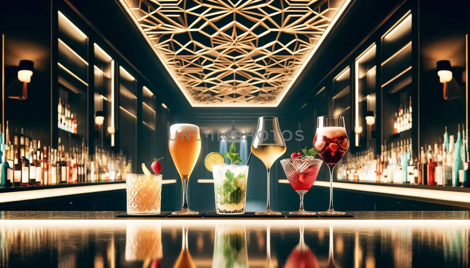 Five diverse drinks are perfectly aligned on a sleek marble bar counter, each uniquely vibrant and presented without any hand in sight. The backdrop features a stylish geometric pattern, adding to the modern and sophisticated ambiance of the bar.