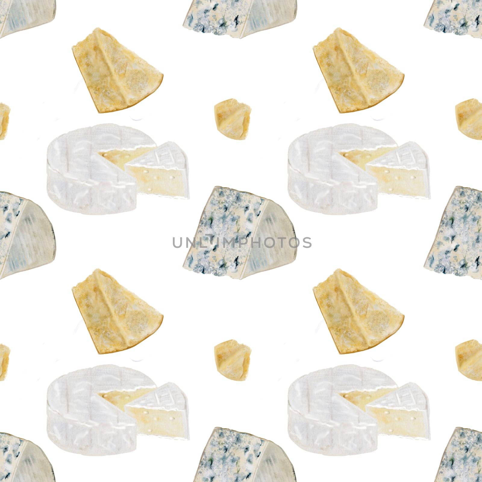 Cheese watercolor pattern. Hand drawn illustration brie, dor blue, parmesan. Clip art of food on white background. Ideal for packaging of farm organic product or restaurant menu design. High quality illustration