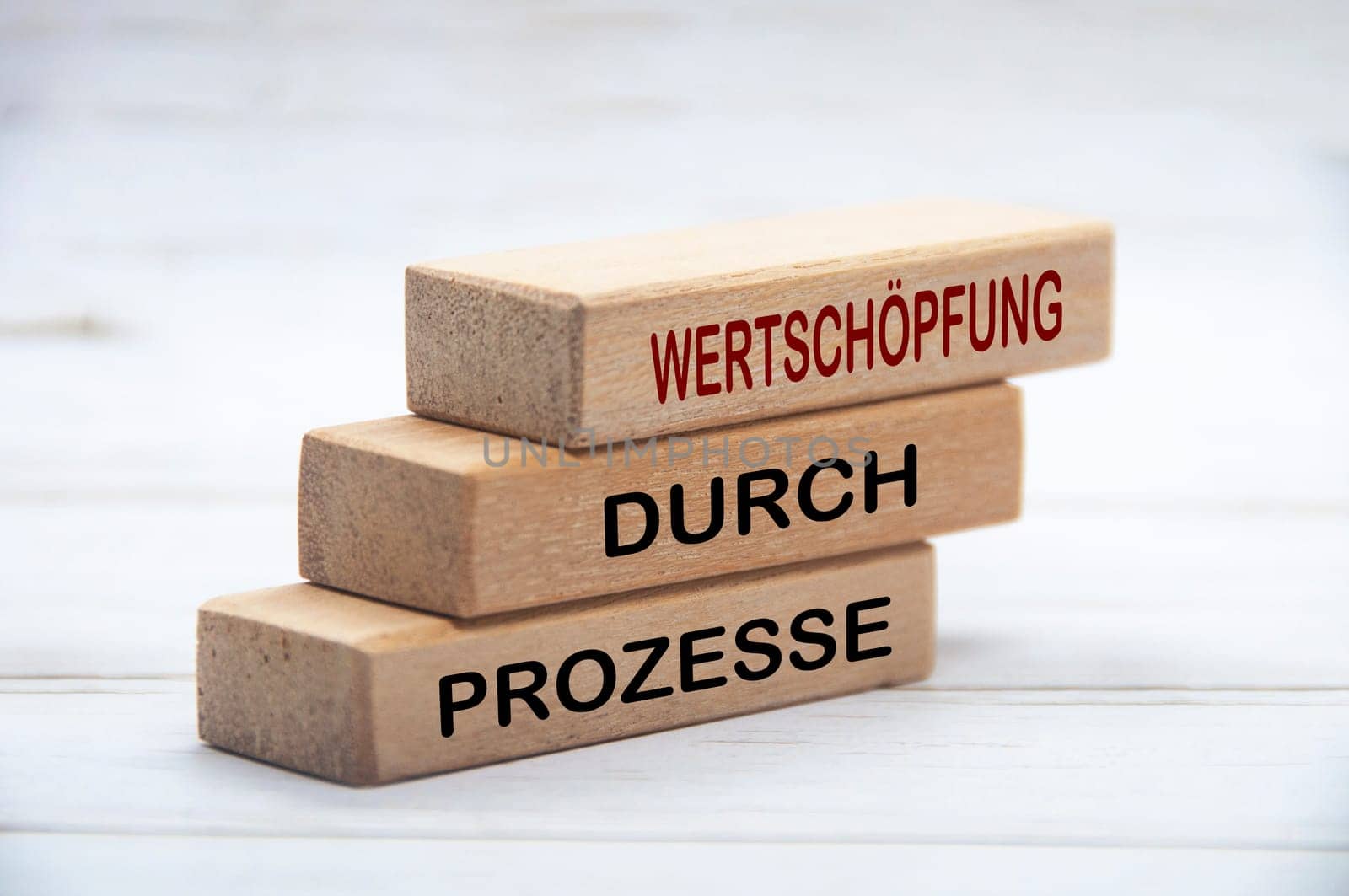 Wertschopfung Durch Prozeesse text auf Holzblöcken. Konzept für operative Exzellenz und kontinuierliche Verbesserung.