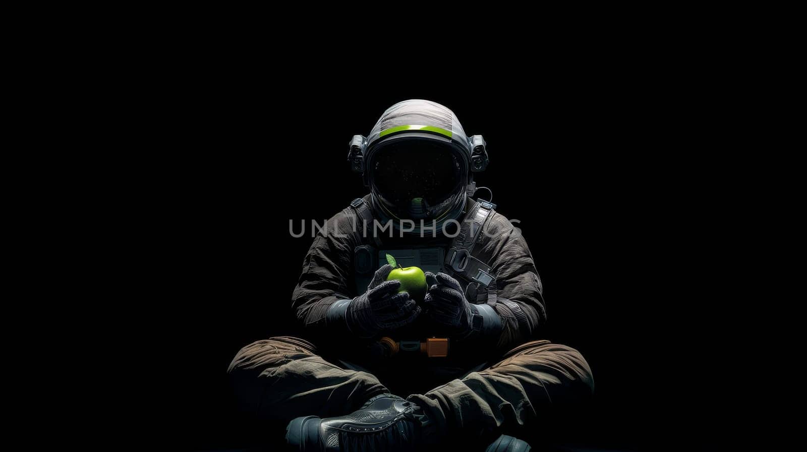 Astronaut sitting in darkness holding a green apple, surreal space concept.