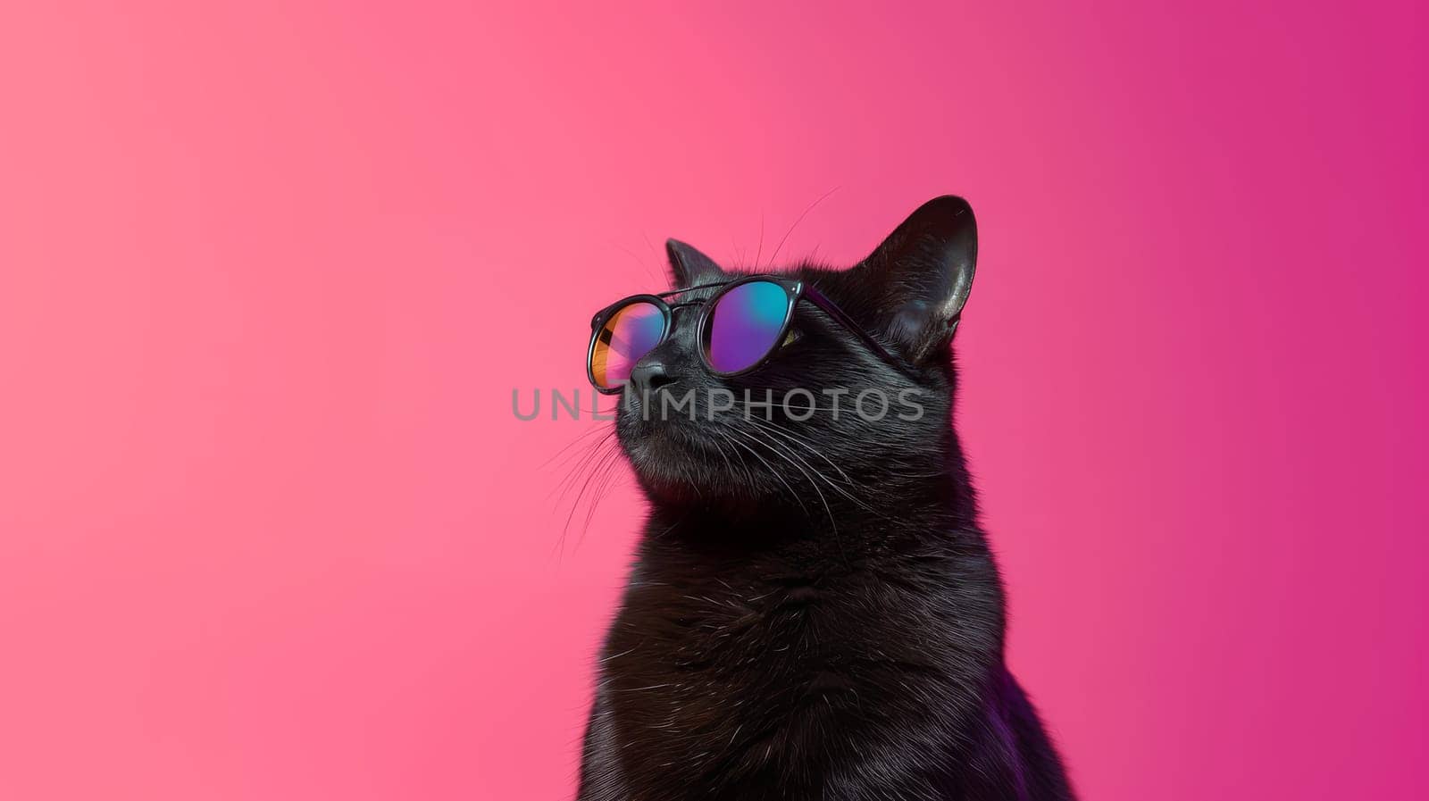 Black cat wearing sunglasses against a pink background, cool and stylish vibe.