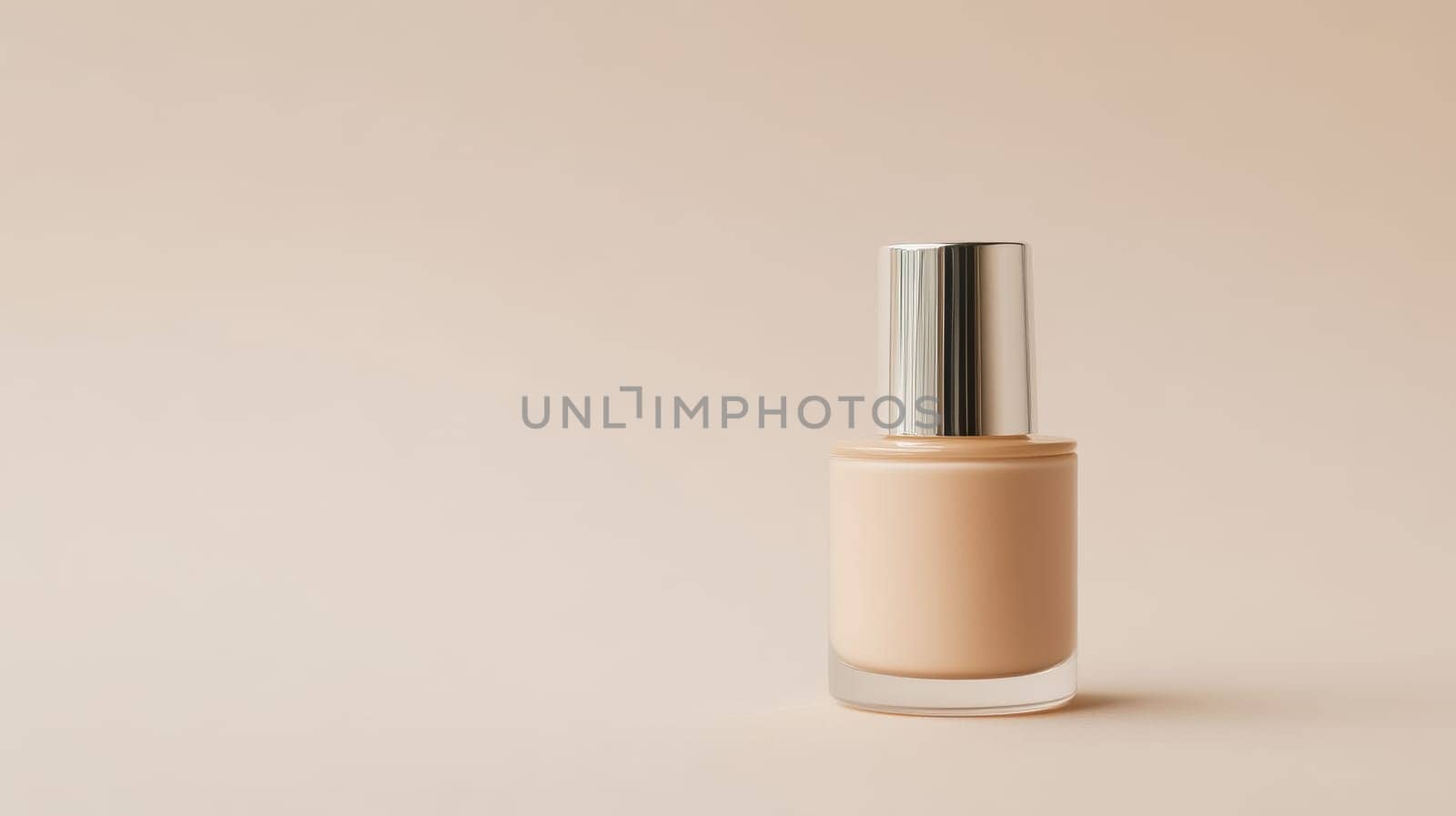 Beige foundation cream bottle with silver cap on a matching background, minimalistic style.