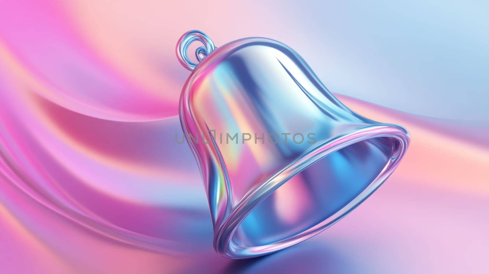 Holographic bell reflecting pastel colors on a flowing silk background, 3d render.