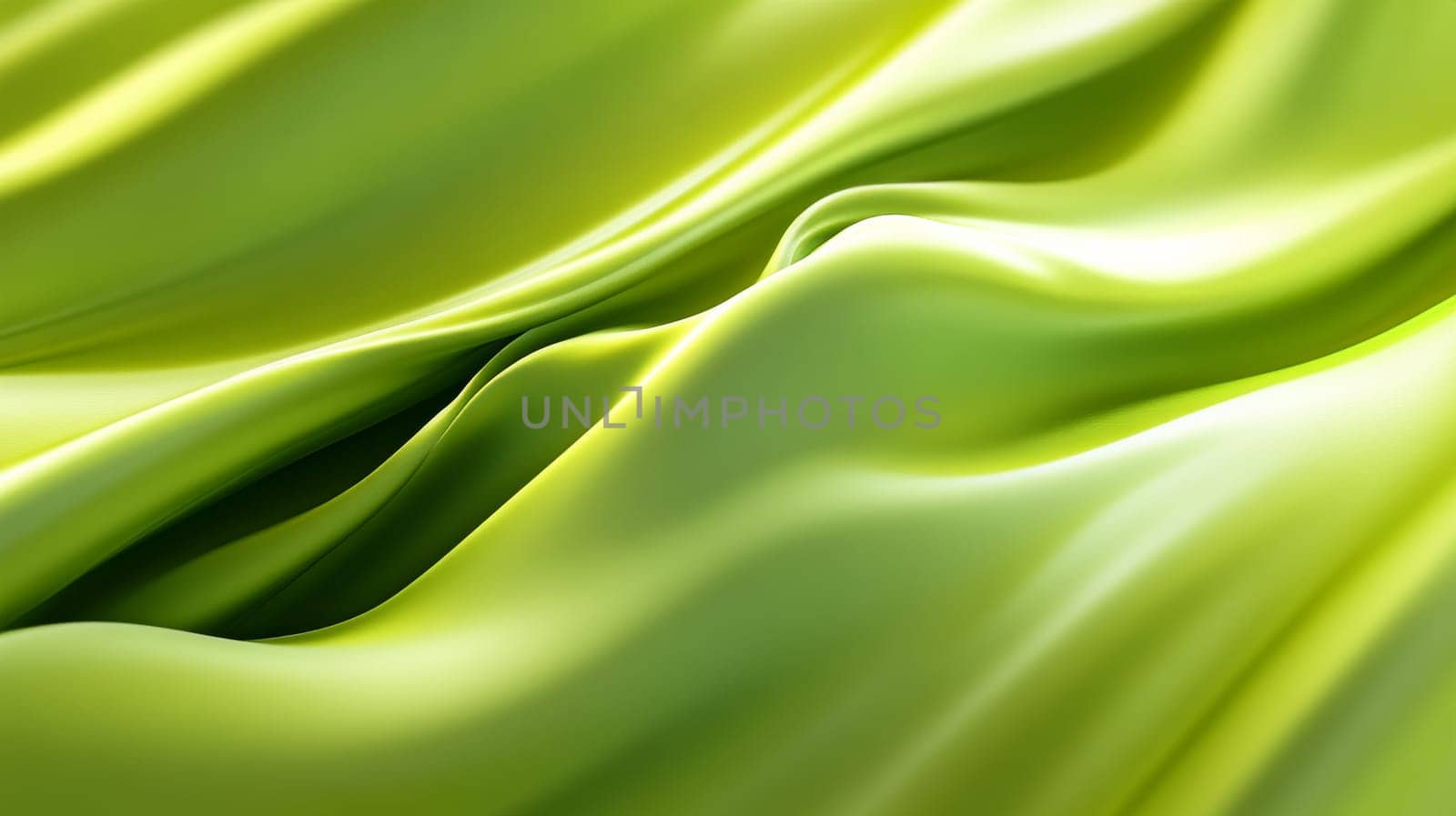 Abstract green silky fabric creating smooth waves and graceful folds.