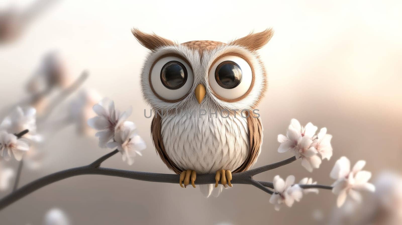 Cute cartoon owl with large eyes perched on a blossom branch, 3d digital art.