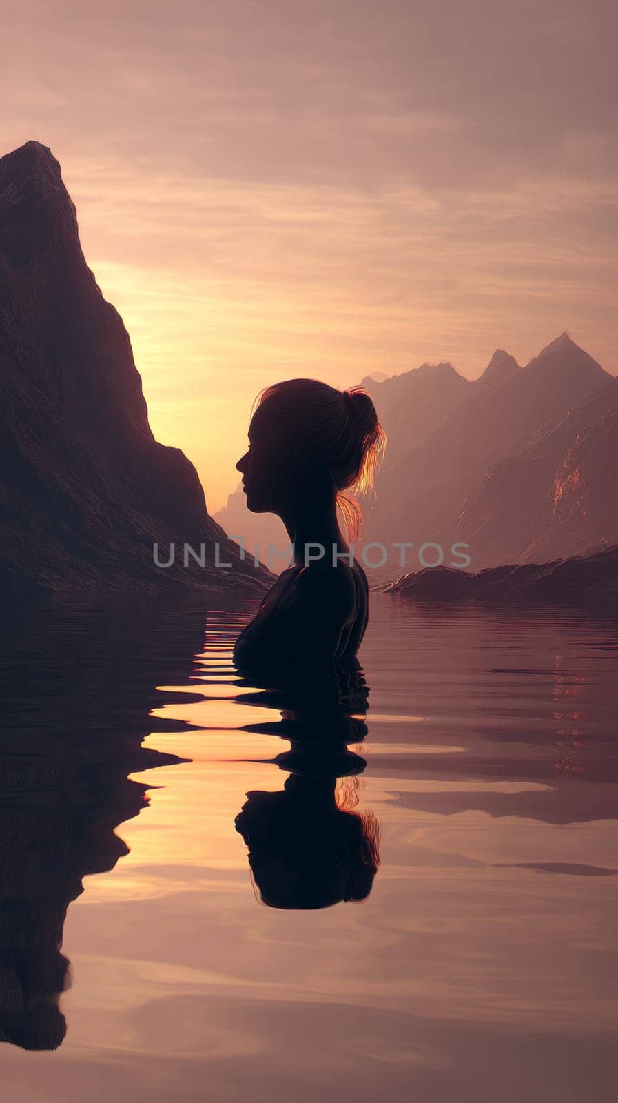 Silhouette of woman in lake at sunset near mountains, serene atmosphere.