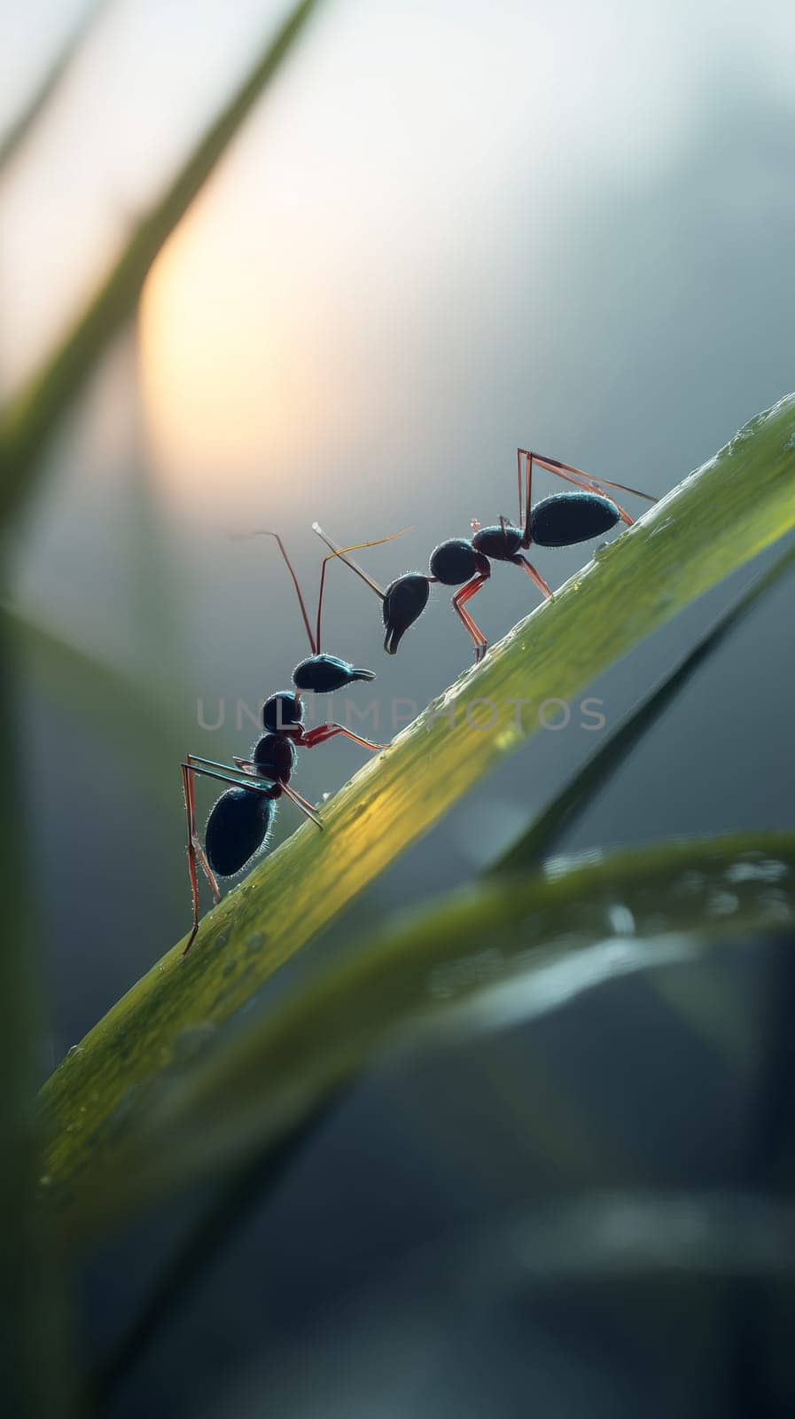 Two ants interacting on a dewy leaf at sunrise in a natural setting.