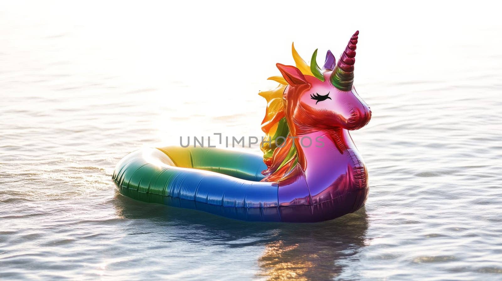 Colorful inflatable unicorn float on the sunlit sea, whimsical summer vibe.