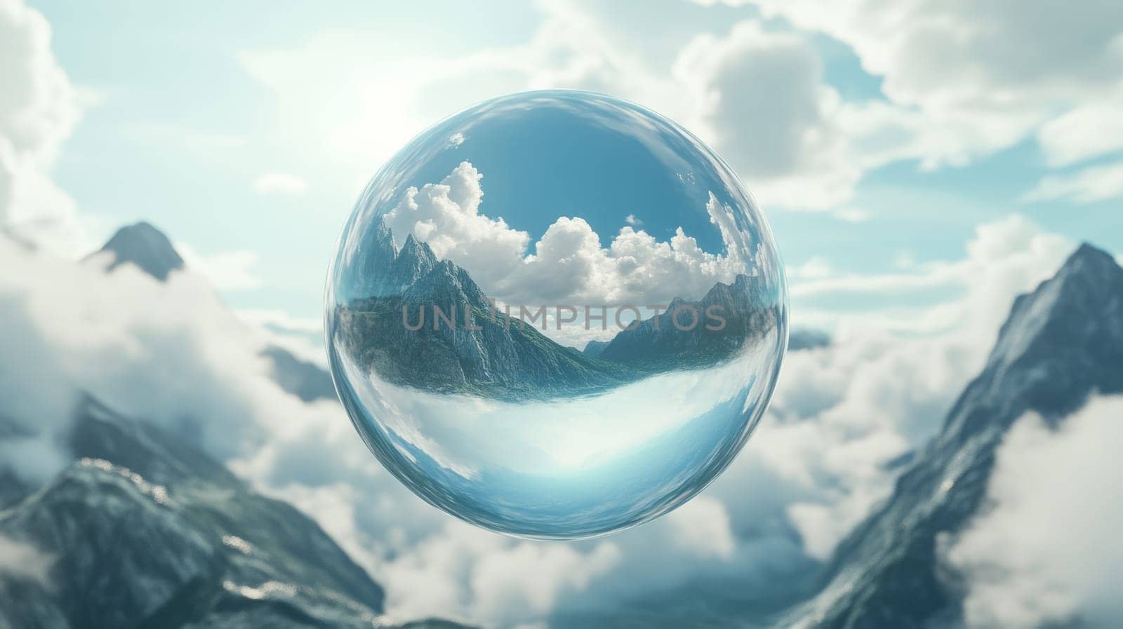 Floating reflective sphere in mountain landscape with clouds and blue sky.
