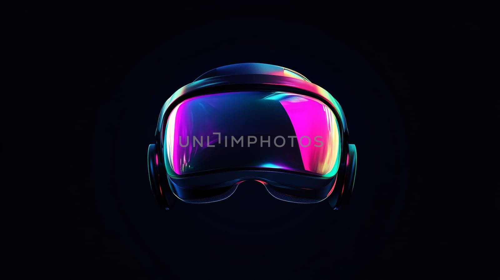 Futuristic vr headset with neon colors on a dark background, digital technology.
