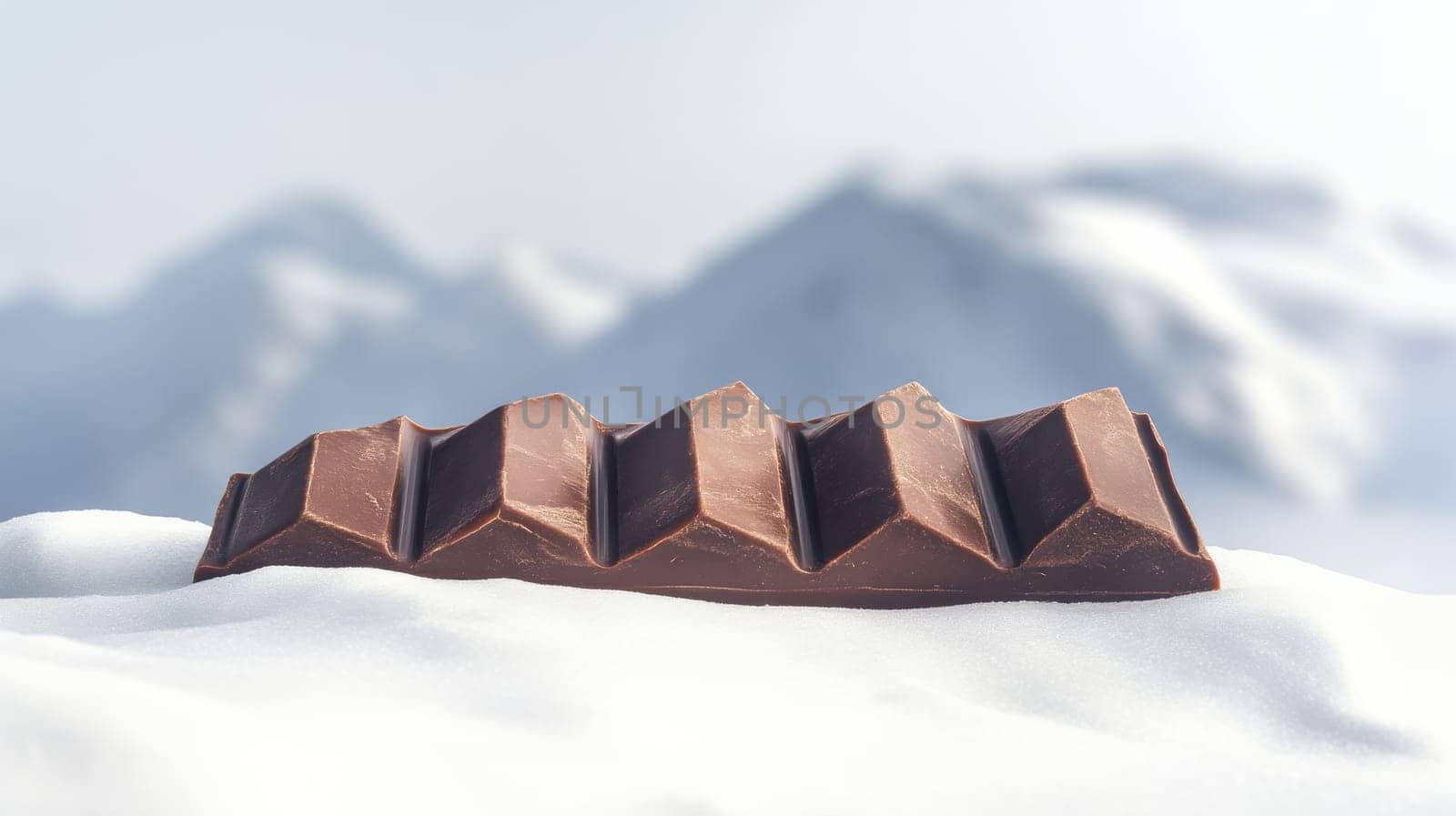 Chocolate bar on snowy mountain background with winter concept.