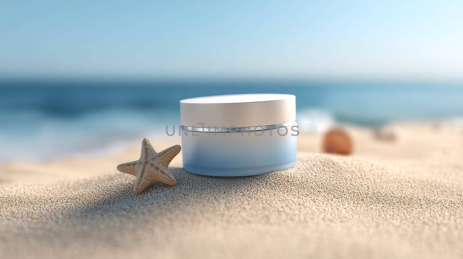 Cosmetic cream jar on sandy beach with starfish in bright sunlight.