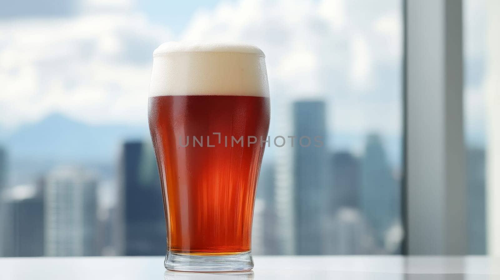 Glass of amber beer with frothy head against cityscape background indoors.