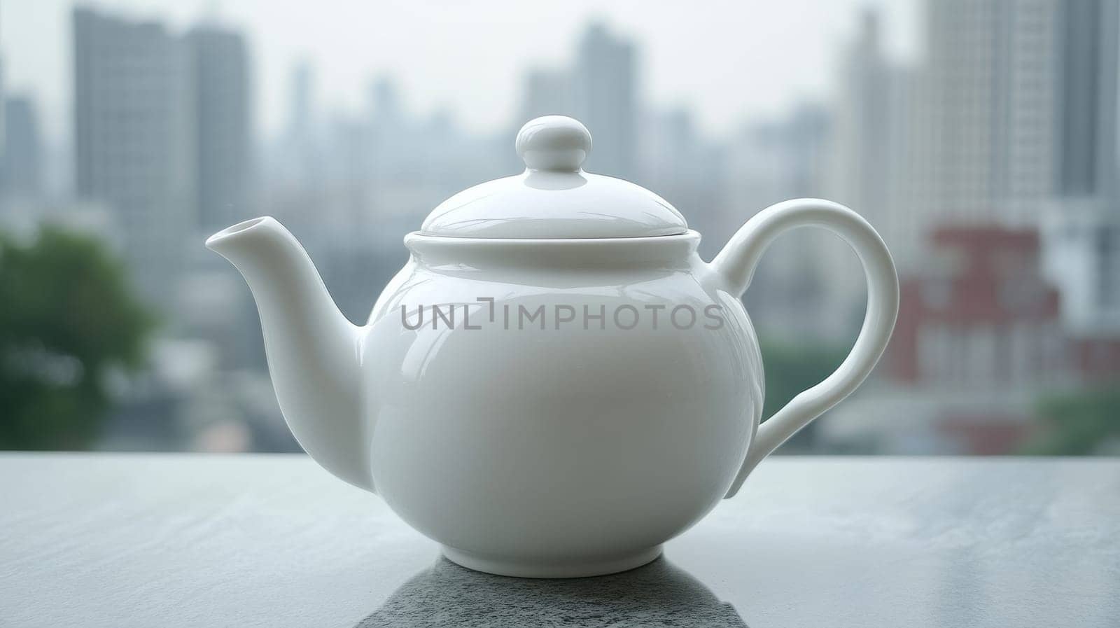 White ceramic teapot with lid against blurred cityscape background.