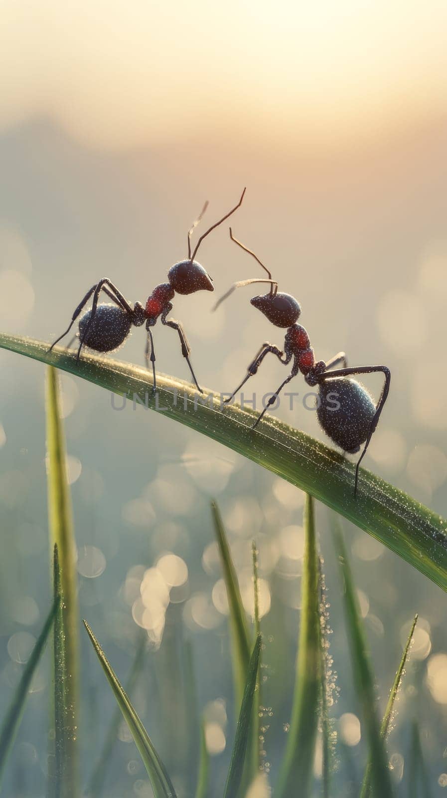 Two ants meeting on a dewy grass blade at sunrise, macro photography concept.