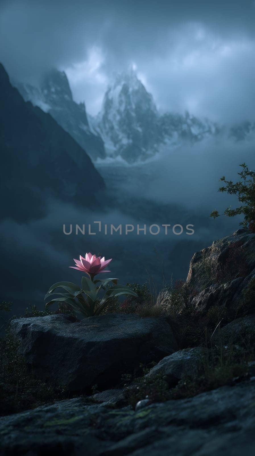 Solitary lotus in foggy mountain landscape at dusk, fantasy atmosphere.