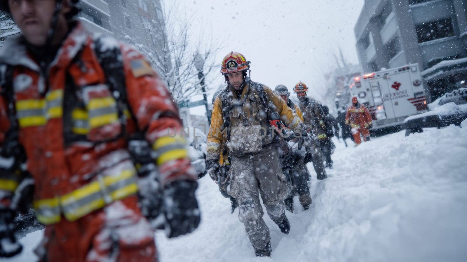 Firefighters evacuating a victim in a heavy snowstorm, surrounded by emergency vehicles and deep snow. Perfect for illustrating natural disasters, rescue operations, and public safety efforts