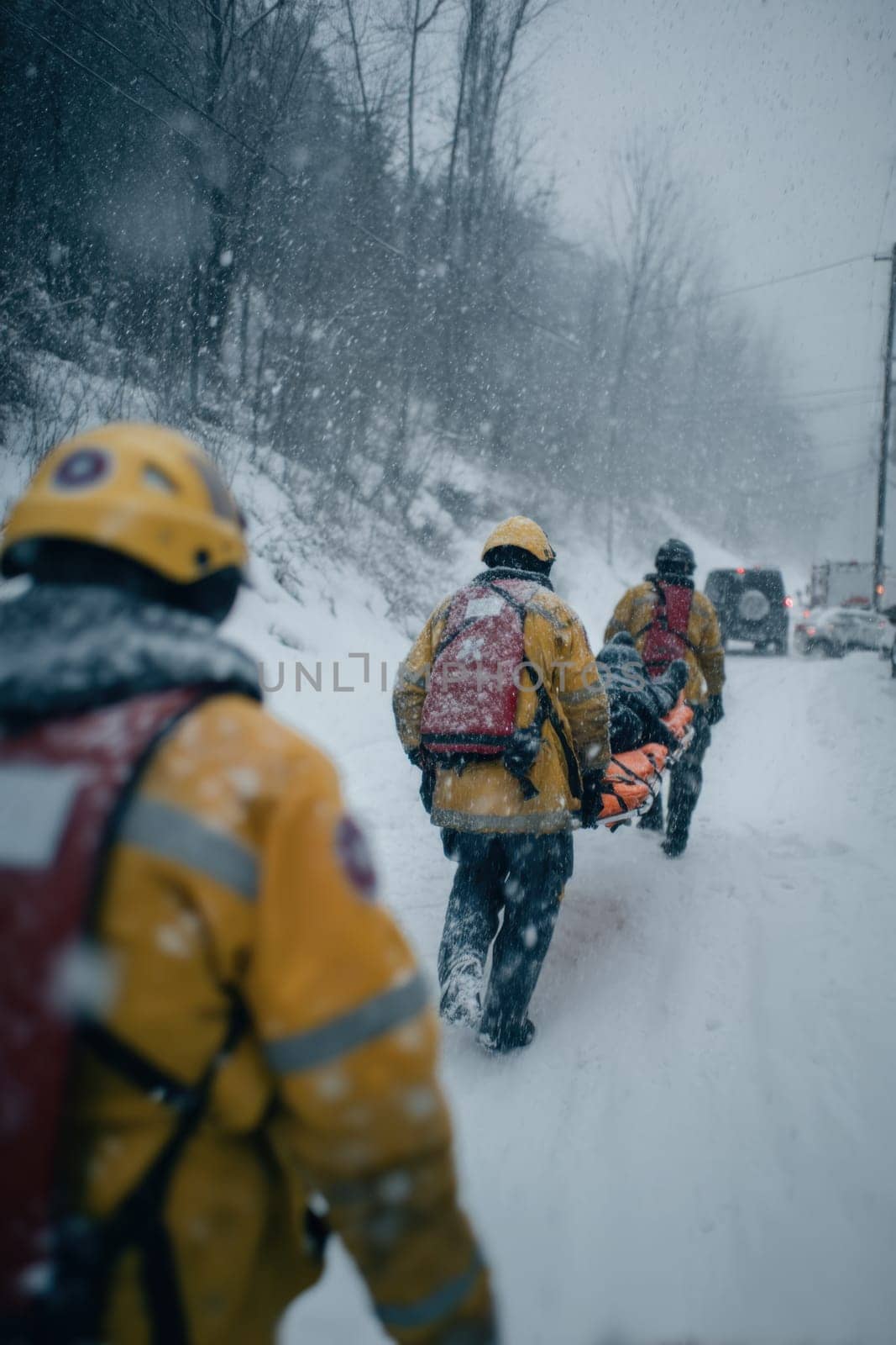 A team of emergency rescuers carries an injured person on a stretcher through a snow-covered rural forest road. Captures teamwork, survival, and response to extreme winter emergencies