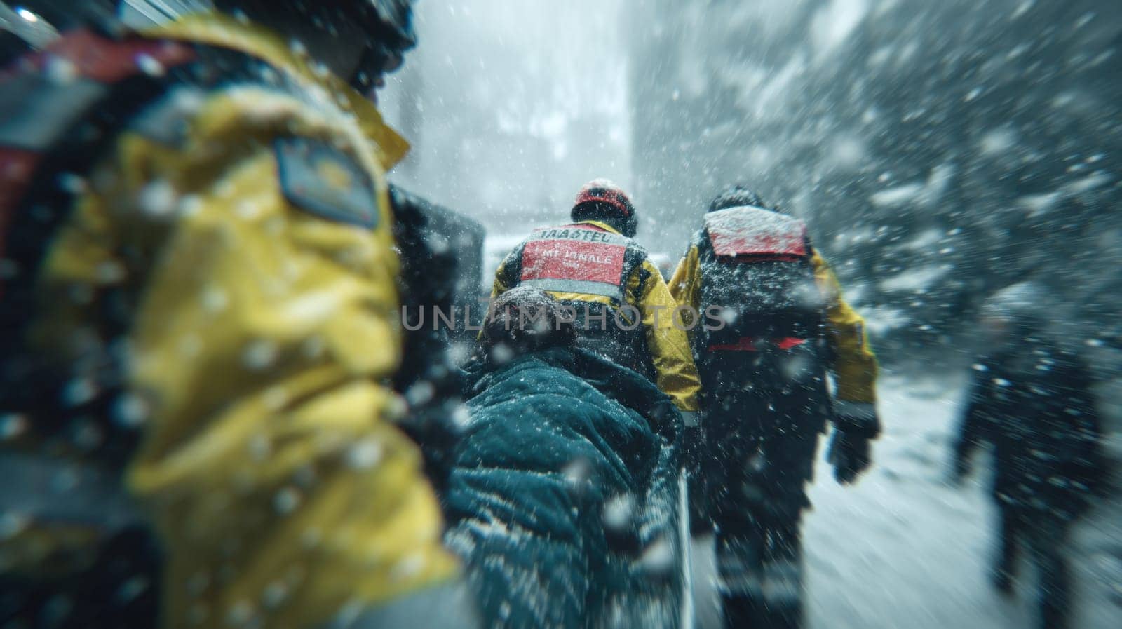 Rescue workers wearing bright safety gear evacuate a bundled victim on a stretcher through a blizzard. Ideal for illustrating extreme weather response, emergency teamwork, and urban winter crises