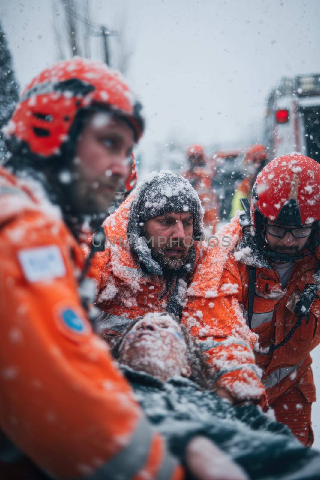 A rescue team wearing bright orange gear saves a frostbitten victim during an intense blizzard. This image powerfully captures emergency response, teamwork, and human perseverance in extreme winter