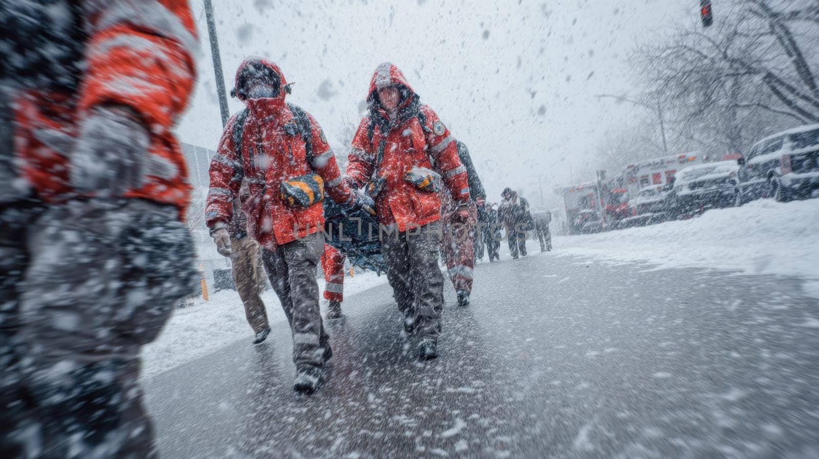 Rescue workers evacuate a victim on a stretcher during an intense snowstorm in an urban setting. Strong visual for depicting teamwork, emergency response, and harsh winter survival efforts