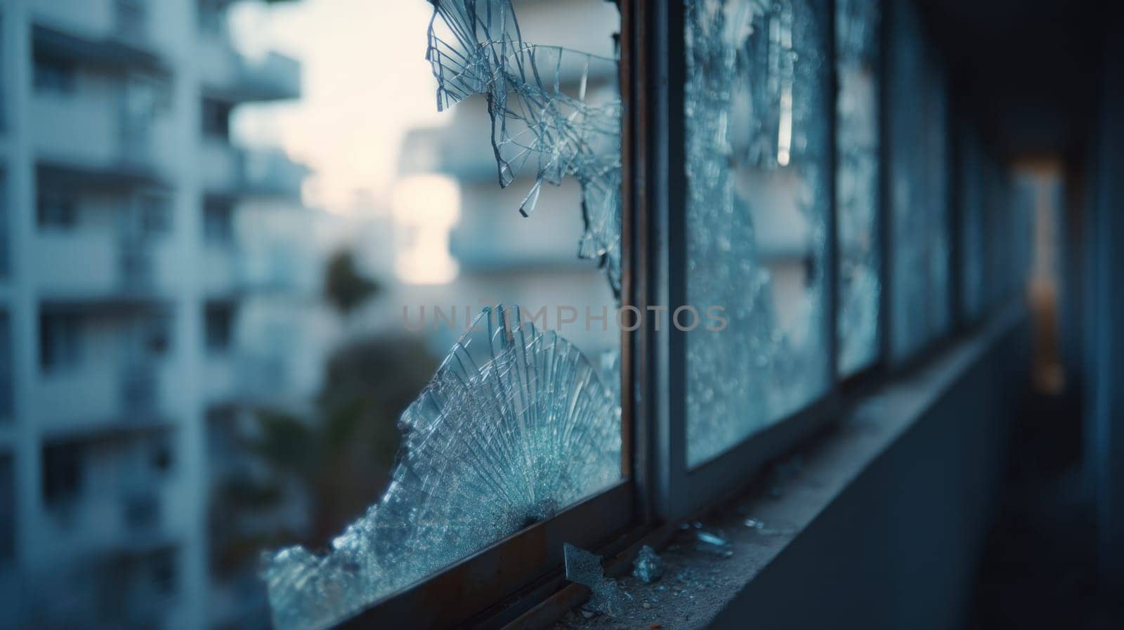 Shattered glass in a broken hallway window of an abandoned building with urban towers in the background. A powerful image for storytelling about crisis, decay, vandalism, or urban isolation